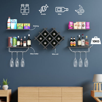 Set of 5 Wall Mount Wine Rack Set with Storage Shelves-Black - Color: Black