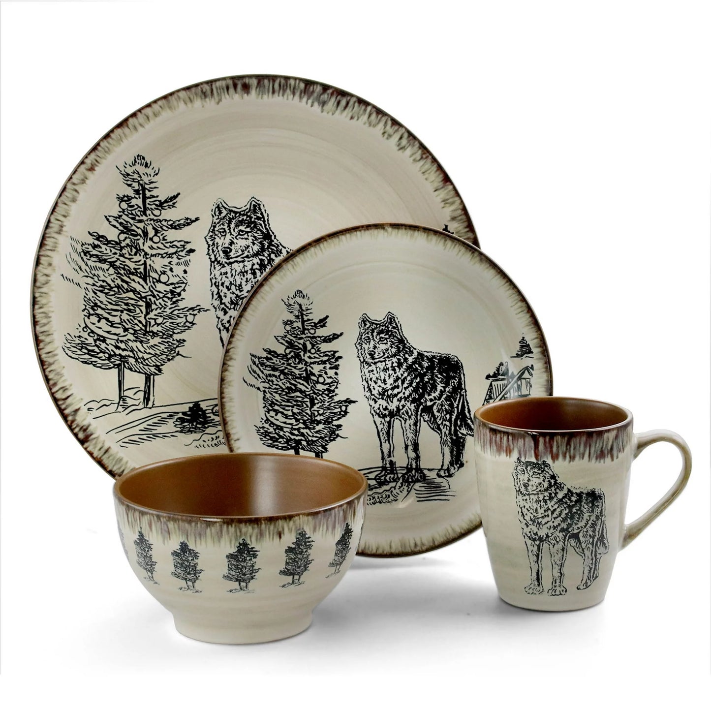 Elama Majestic Wolf 16 Piece Luxurious Stoneware Dinnerware with Complete Setting for 4 EL-MAJESTICWOLF16