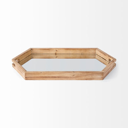 Natural Polished Wood Mirror Glass Lined Top Tray