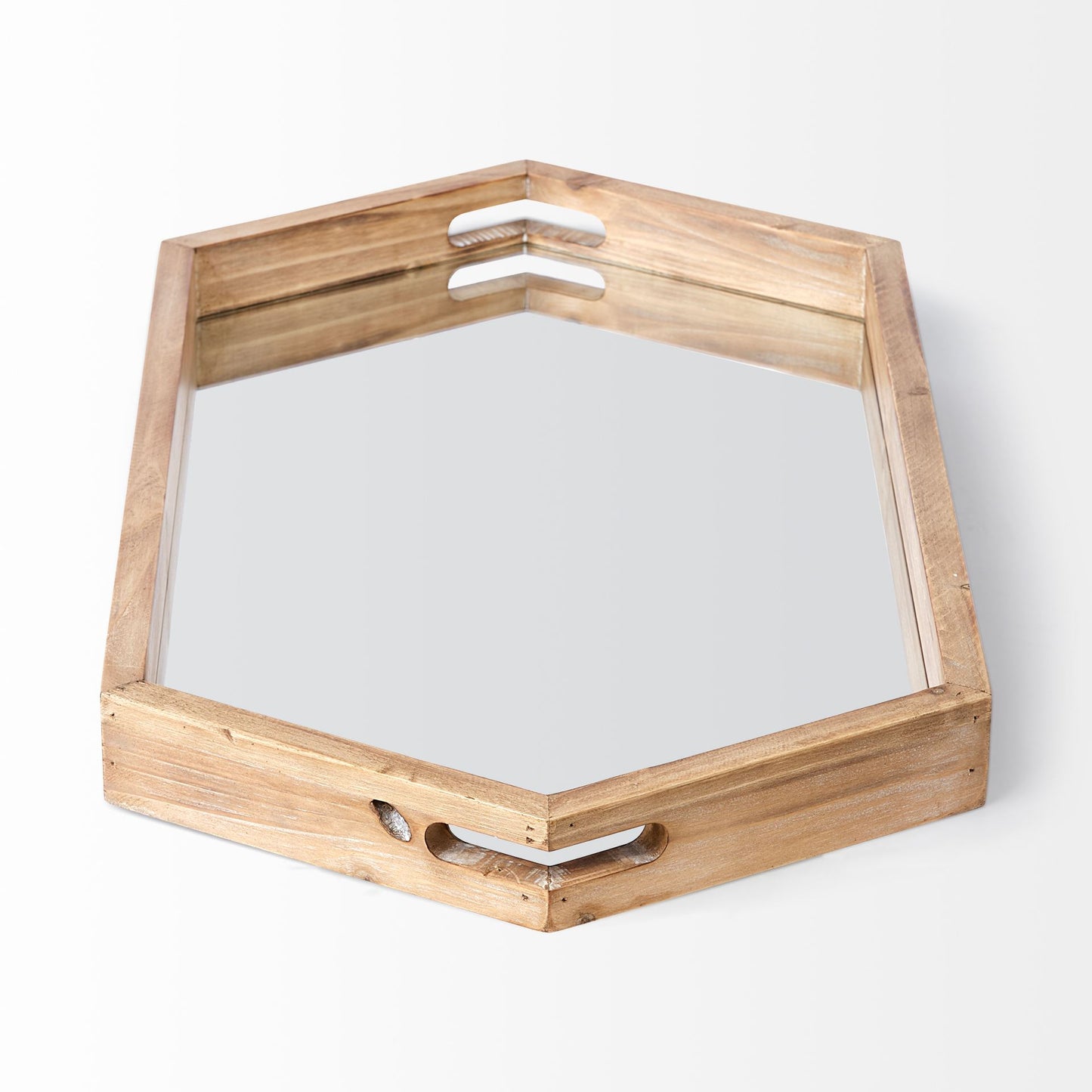 Natural Polished Wood Mirror Glass Lined Top Tray