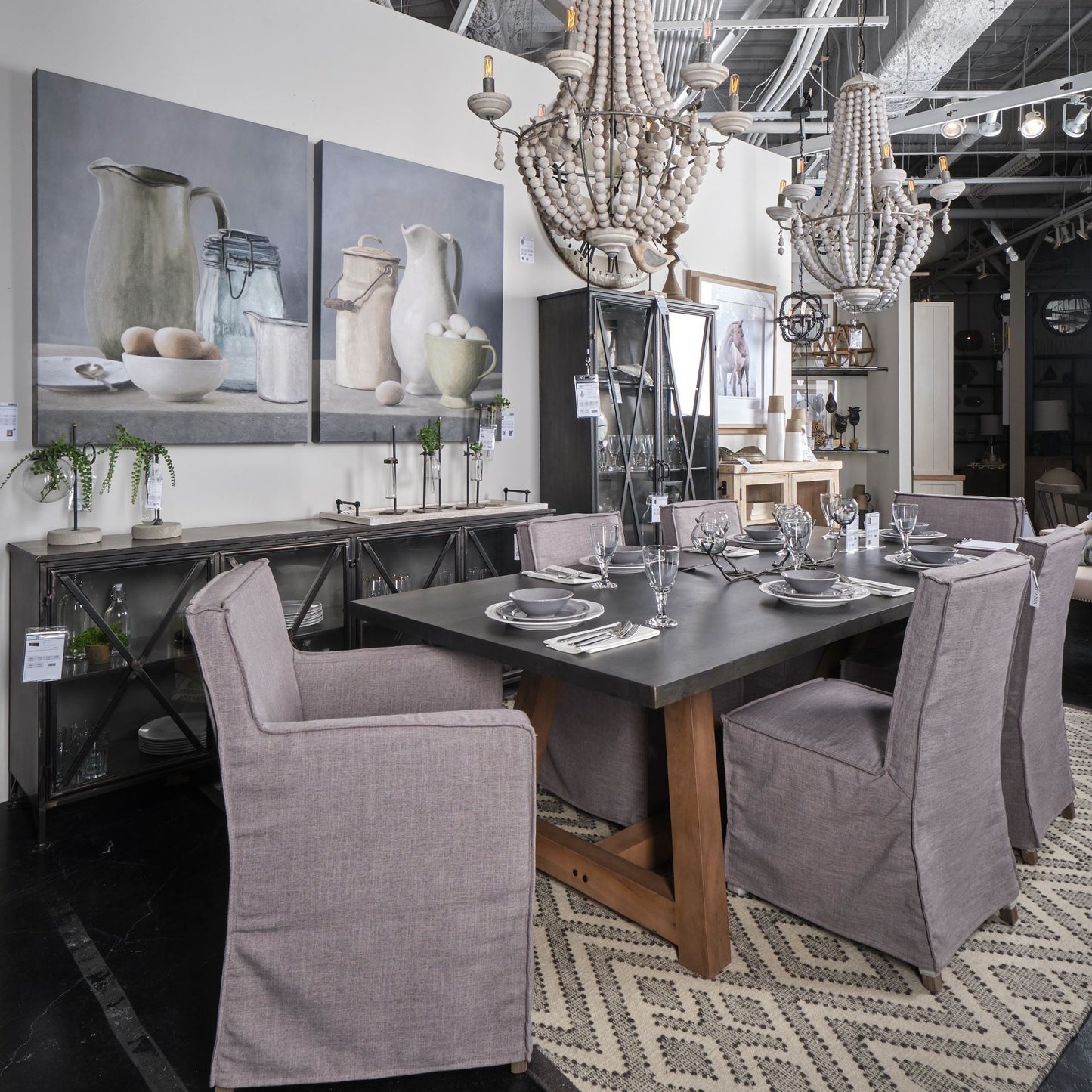 Set Of Two Gray And Brown Slipcovered Wood Parsons Chairs