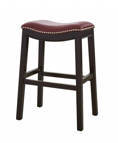 25" Espresso And Red Saddle Style Counter Height Bar Stool