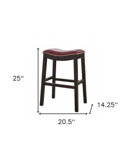 25" Espresso And Red Saddle Style Counter Height Bar Stool