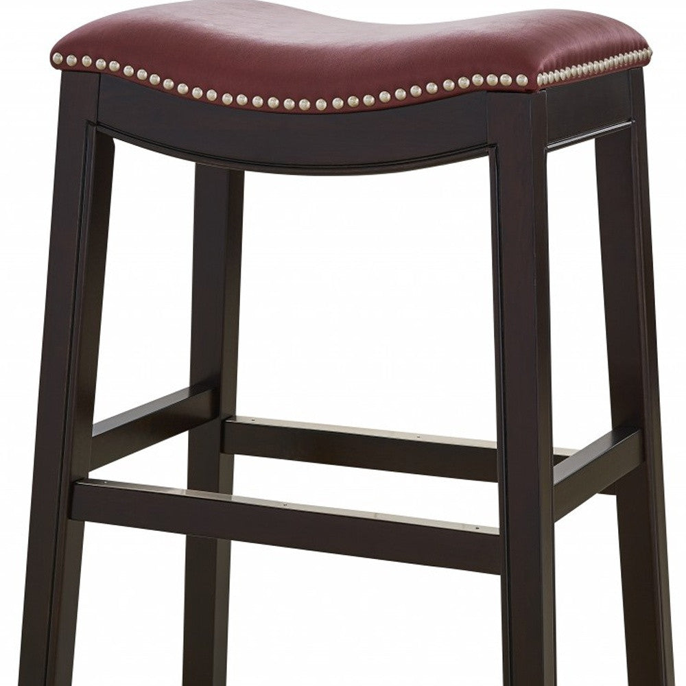 25" Espresso And Red Saddle Style Counter Height Bar Stool