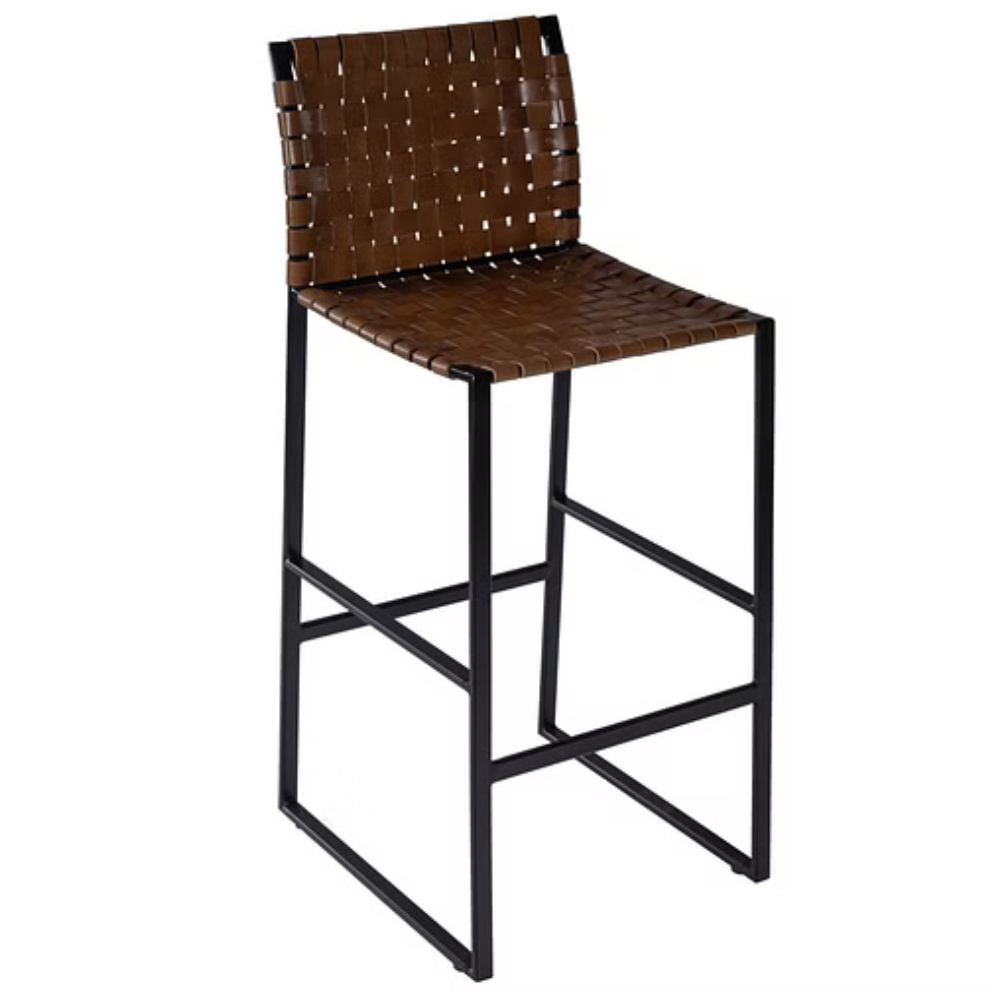 42" Brown And Black Leather And Steel Bar Chair With Footrest