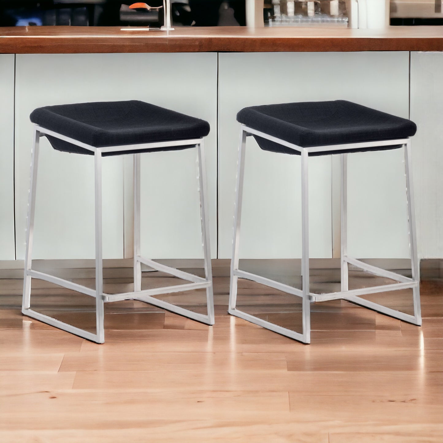 Set of Two Dark Gray and Stainless Indented Counter Stools