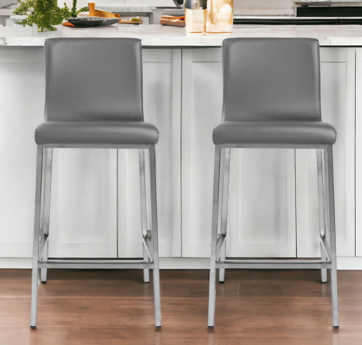 Set Of Two 36" Gray And Silver Steel Low Back Counter Height Bar Chairs With Footrest