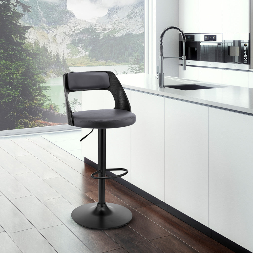 Gray Upholstered Black Base Adjustable Swivel Bar Stool