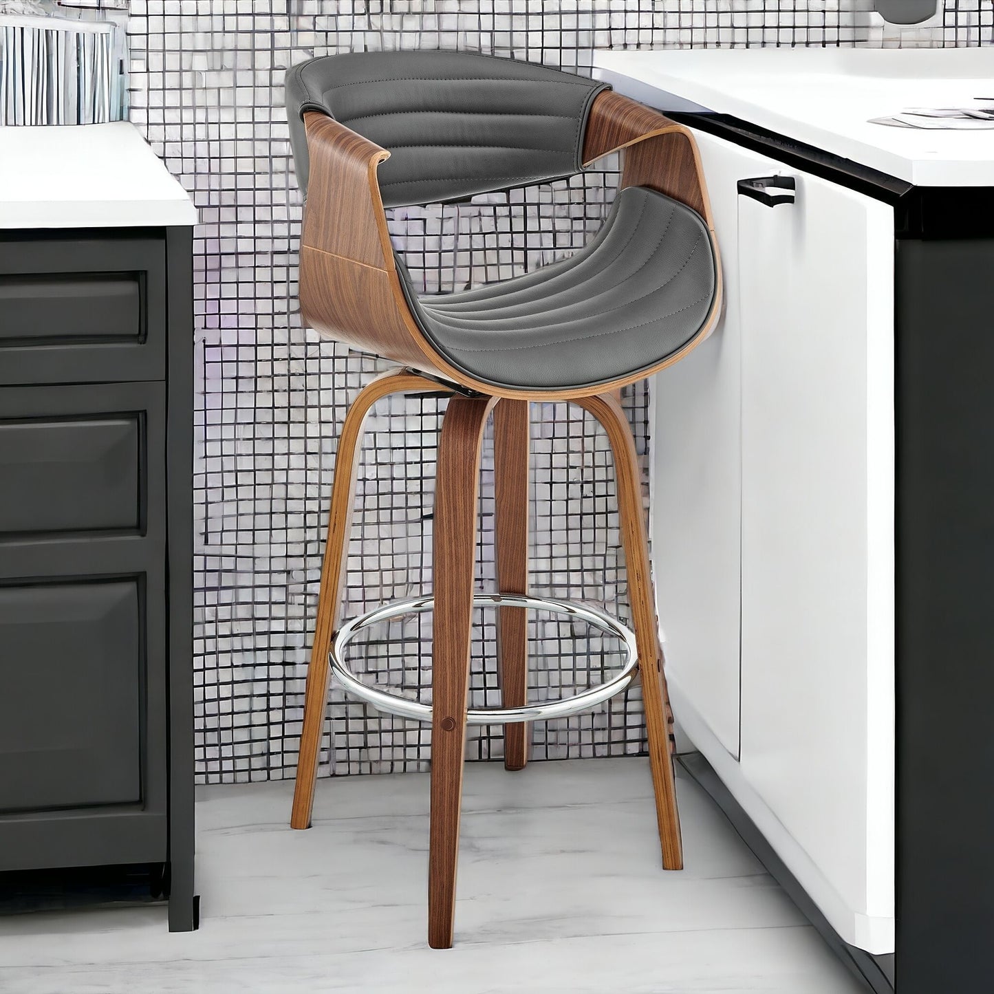 30" Grey Faux Leather and Walnut Wood Retro Chic Bar Stool