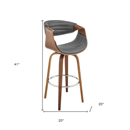 30" Grey Faux Leather and Walnut Wood Retro Chic Bar Stool