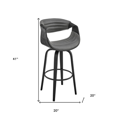 30" Grey Faux Leather and Black Wood Retro Chic Bar Stool