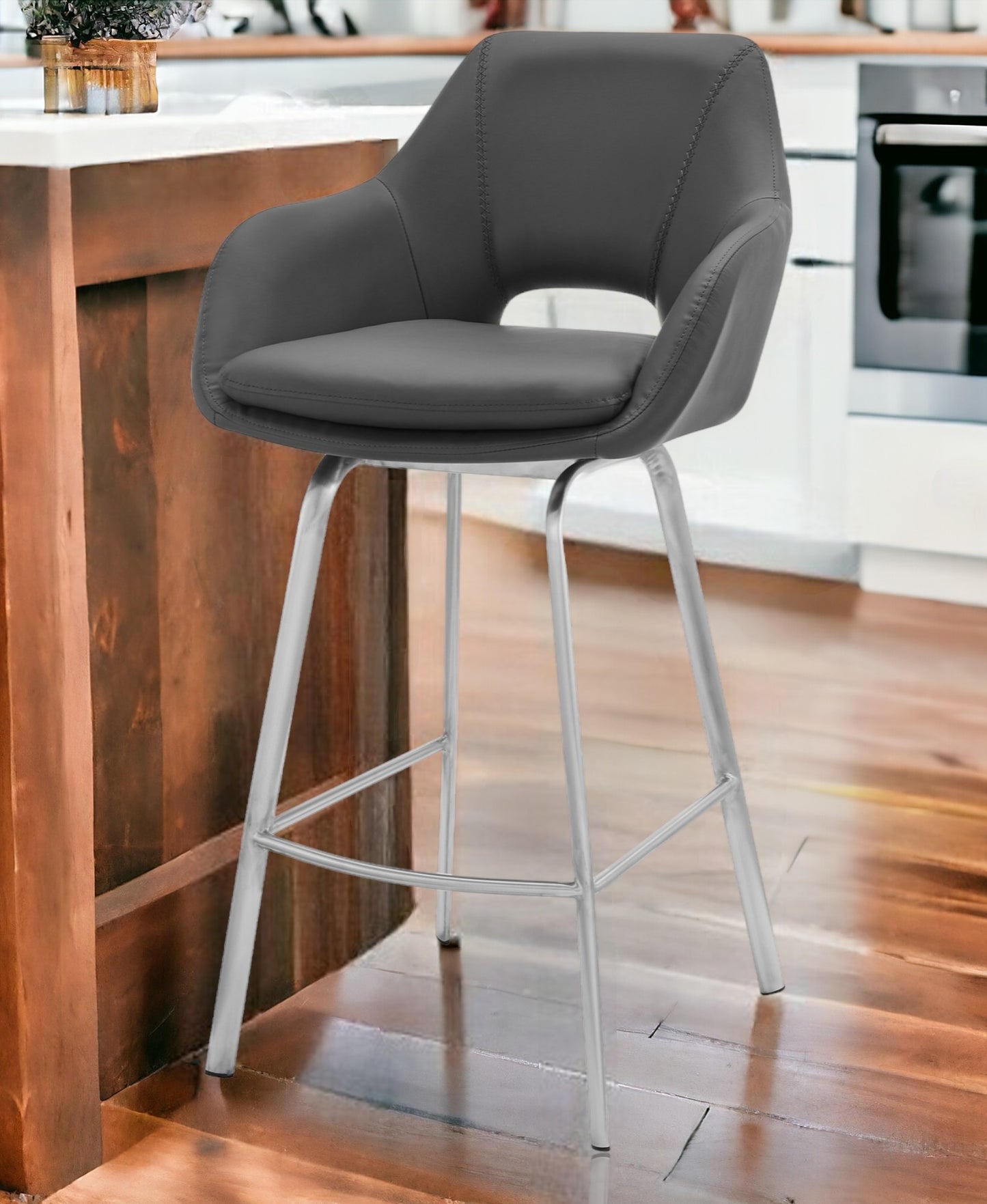 30" Gray on Stainless Faux Leather Comfy Swivel Bar Stool