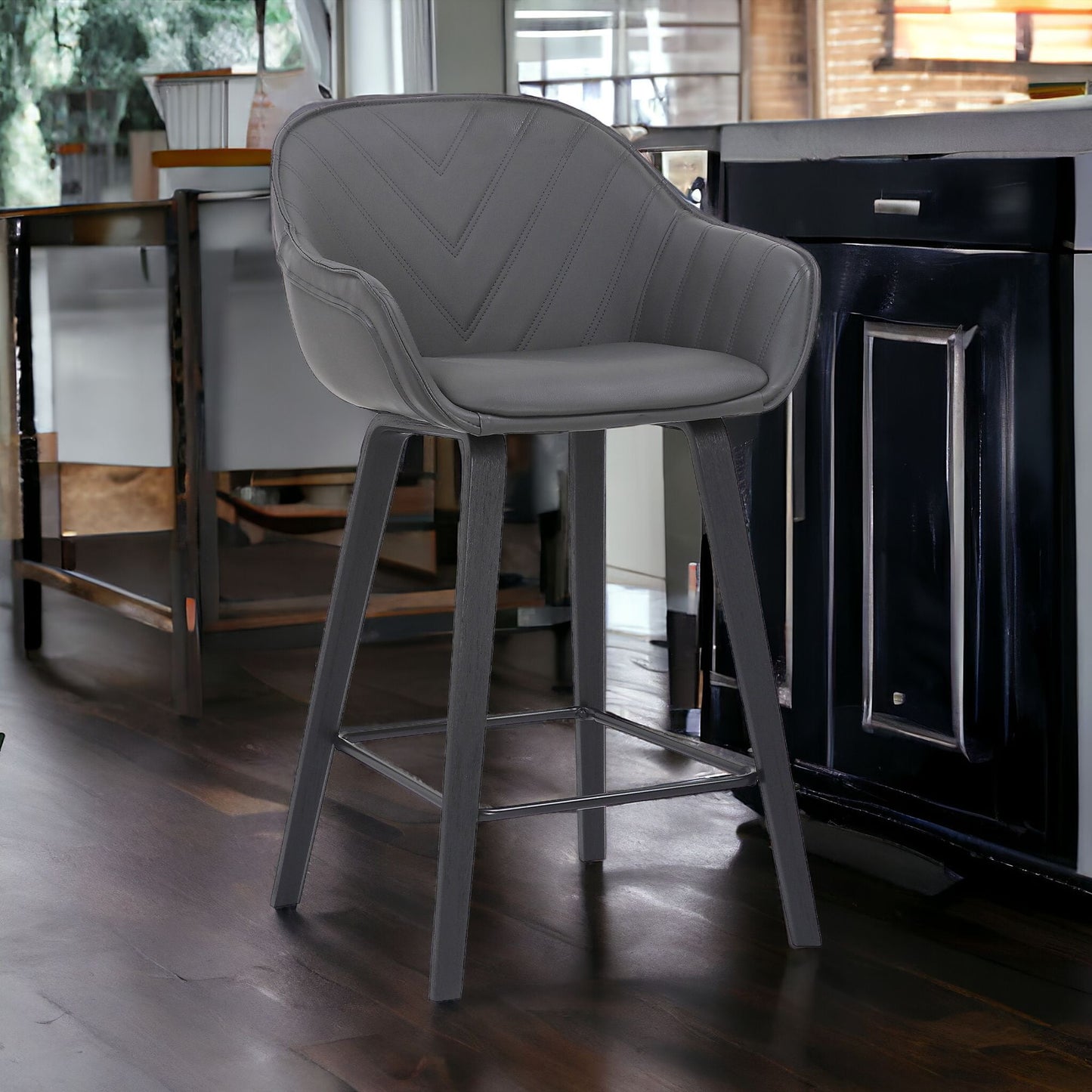 30" Grey Faux Leather Bar Stool with Wooden Frame