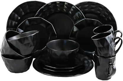 Elama Geometric Glazed Stoneware Diamond Cut Style Dinnerware Dish Set, 16 Piece, ELM-RETROCHIC-BLACK