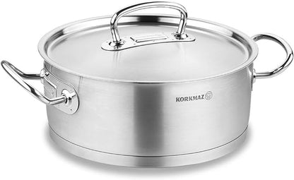 Korkmaz Proline Professional Series 4.5 Liter Stainless Steel Low Casserole with Lid in Silver