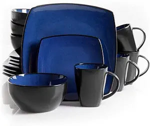 Gibson Soho Lounge 16 Piece Square Stoneware Dinnerware Set in Blue and Black 68632.16