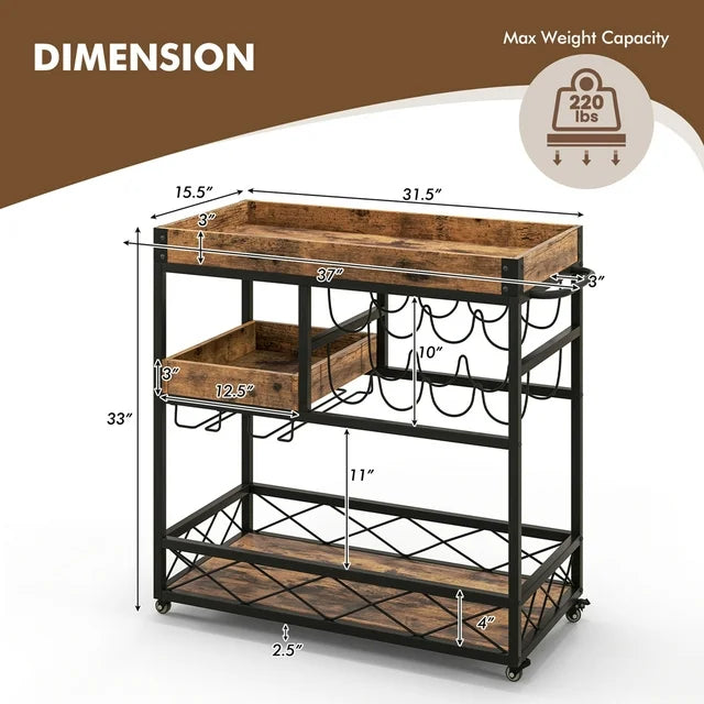 3-Tier Rolling Bar Cart with Removable Tray and Wine Rack-Rustic Brown - Color: Rustic Brown