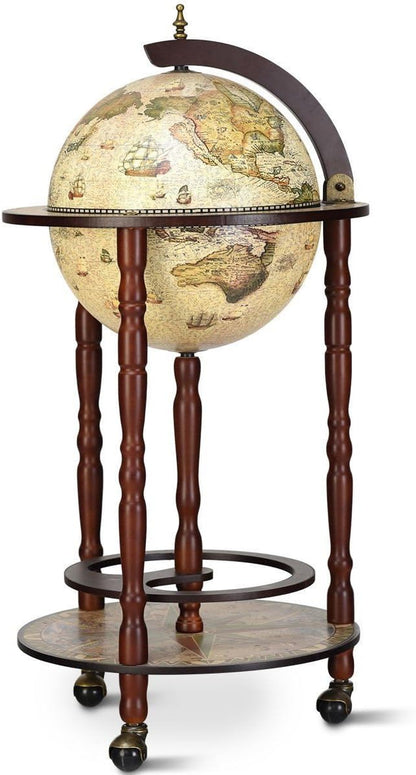 17 Inch Italian Style Design Wooden Globe Liquor Bottle Wine Rack with Wheels