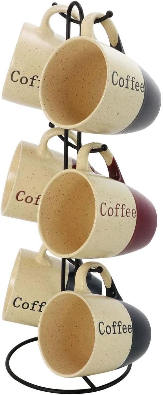 Elama Coffee House 6-Piece 12 oz. Mug Set with Stand, Assorted Colors