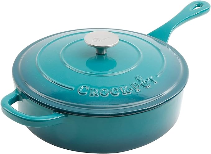 Crock Pot Artisan 3.5 Quart Enameled Cast Iron Deep Sauté Pan With Self Basting Lid in Teal Ombre