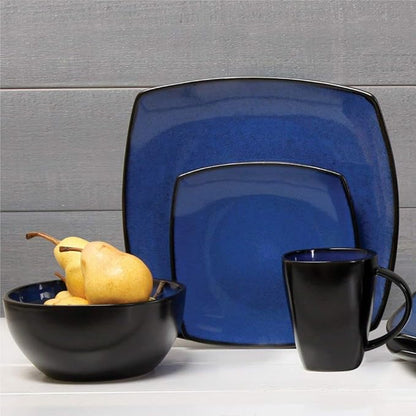 Gibson Soho Lounge 16 Piece Square Stoneware Dinnerware Set in Blue and Black 68632.16