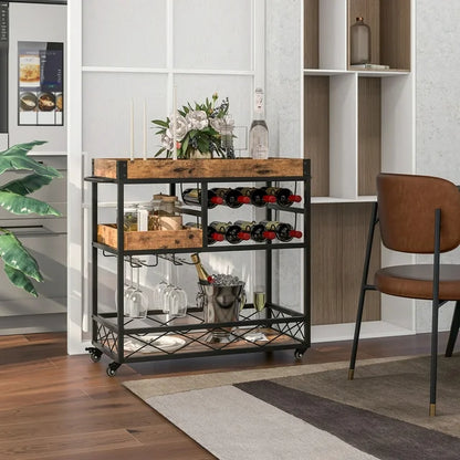 3-Tier Rolling Bar Cart with Removable Tray and Wine Rack-Rustic Brown - Color: Rustic Brown