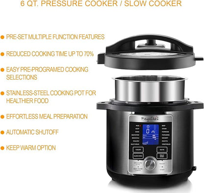 MegaChef 6 Quart Stainless Steel Electric Digital Pressure Cooker with Lid