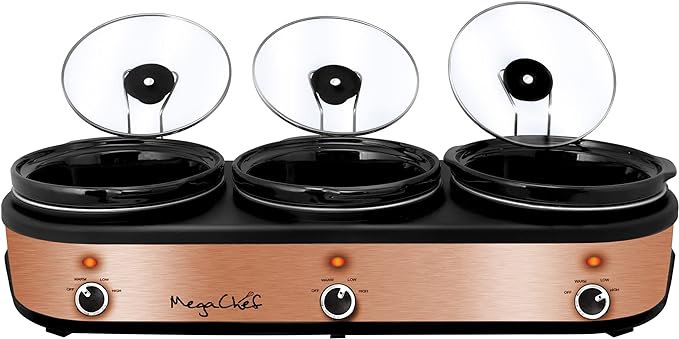 MegaChef Triple 2.5 Quart Slow Cooker and Buffet Server in Brushed Copper and Black Finish with 3 Ceramic Cooking Pots and Removable Lid Rests