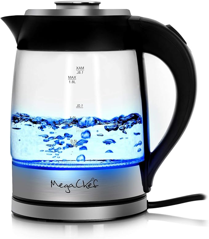 MegaChef 1.8 Liter Cordless Glass and Stainless Steel Electric Tea Kettle with Tea Infuser