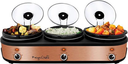 MegaChef Triple 2.5 Quart Slow Cooker and Buffet Server in Brushed Copper and Black Finish with 3 Ceramic Cooking Pots and Removable Lid Rests