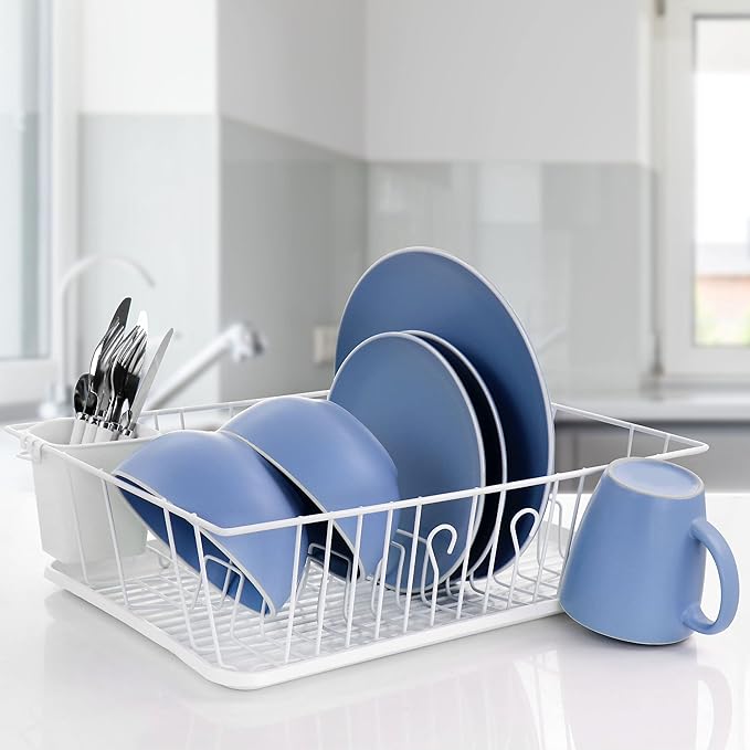 MegaChef 17.5 Inch White Single Level Dish Rack with 14 Plate Positioners and a Detachable Utensil Holder