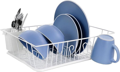 MegaChef 17.5 Inch White Single Level Dish Rack with 14 Plate Positioners and a Detachable Utensil Holder