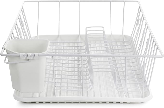 MegaChef 17.5 Inch White Single Level Dish Rack with 14 Plate Positioners and a Detachable Utensil Holder