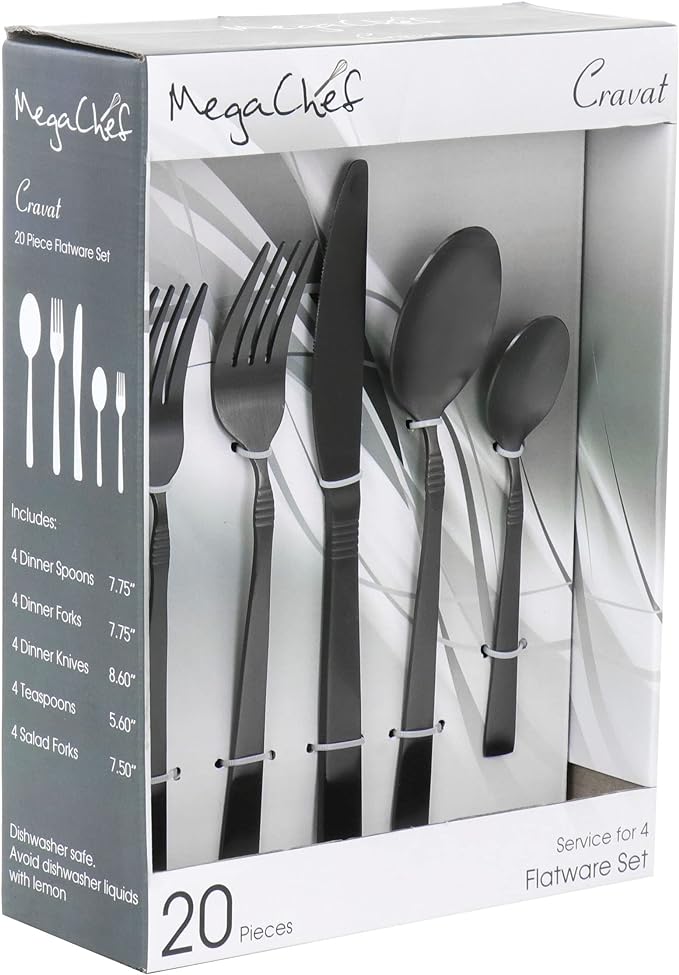 MegaChef Cravat 20 Piece Flatware Utensil Set, Stainless Steel Silverware Metal Service for 4 in Matte Black