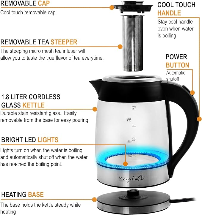 MegaChef 1.8 Liter Cordless Glass and Stainless Steel Electric Tea Kettle with Tea Infuser