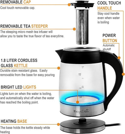 MegaChef 1.8 Liter Cordless Glass and Stainless Steel Electric Tea Kettle with Tea Infuser