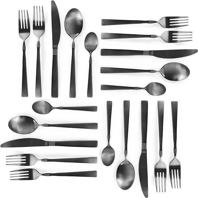 MegaChef Cravat 20 Piece Flatware Utensil Set, Stainless Steel Silverware Metal Service for 4 in Matte Black