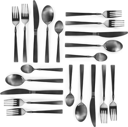 MegaChef Cravat 20 Piece Flatware Utensil Set, Stainless Steel Silverware Metal Service for 4 in Matte Black