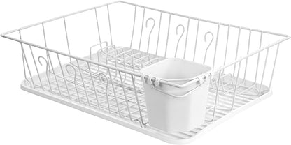 MegaChef 17.5 Inch White Single Level Dish Rack with 14 Plate Positioners and a Detachable Utensil Holder