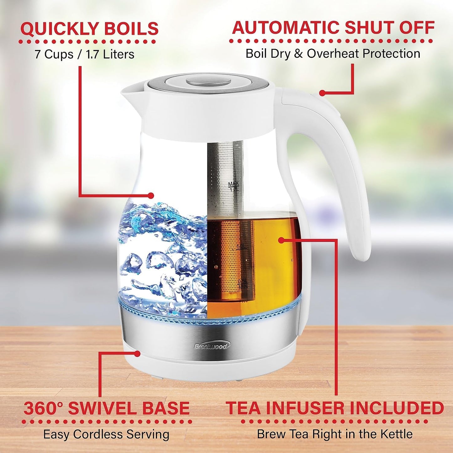 Brentwood Glass 1.7 Liter Electric Kettle with Tea Infuser in White