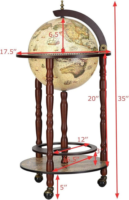 17 Inch Italian Style Design Wooden Globe Liquor Bottle Wine Rack with Wheels