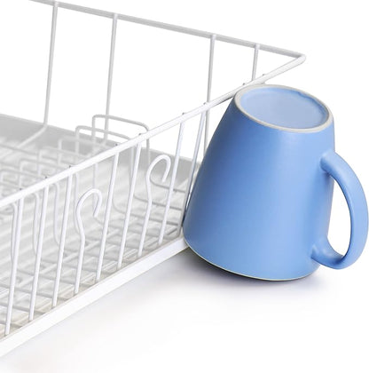 MegaChef 17.5 Inch White Single Level Dish Rack with 14 Plate Positioners and a Detachable Utensil Holder