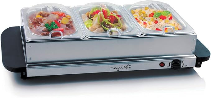 MegaChef Buffet Server & Food Warmer With 3 Removable Sectional Trays , Heated Warming Tray and Removable Tray Frame MC-9003B