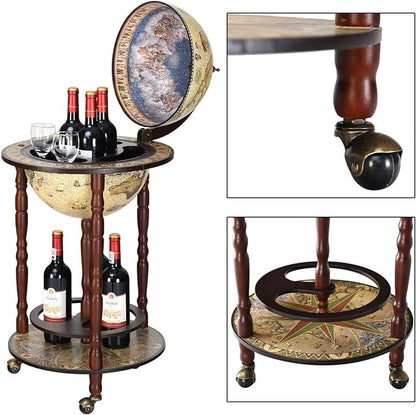 17 Inch Italian Style Design Wooden Globe Liquor Bottle Wine Rack with Wheels