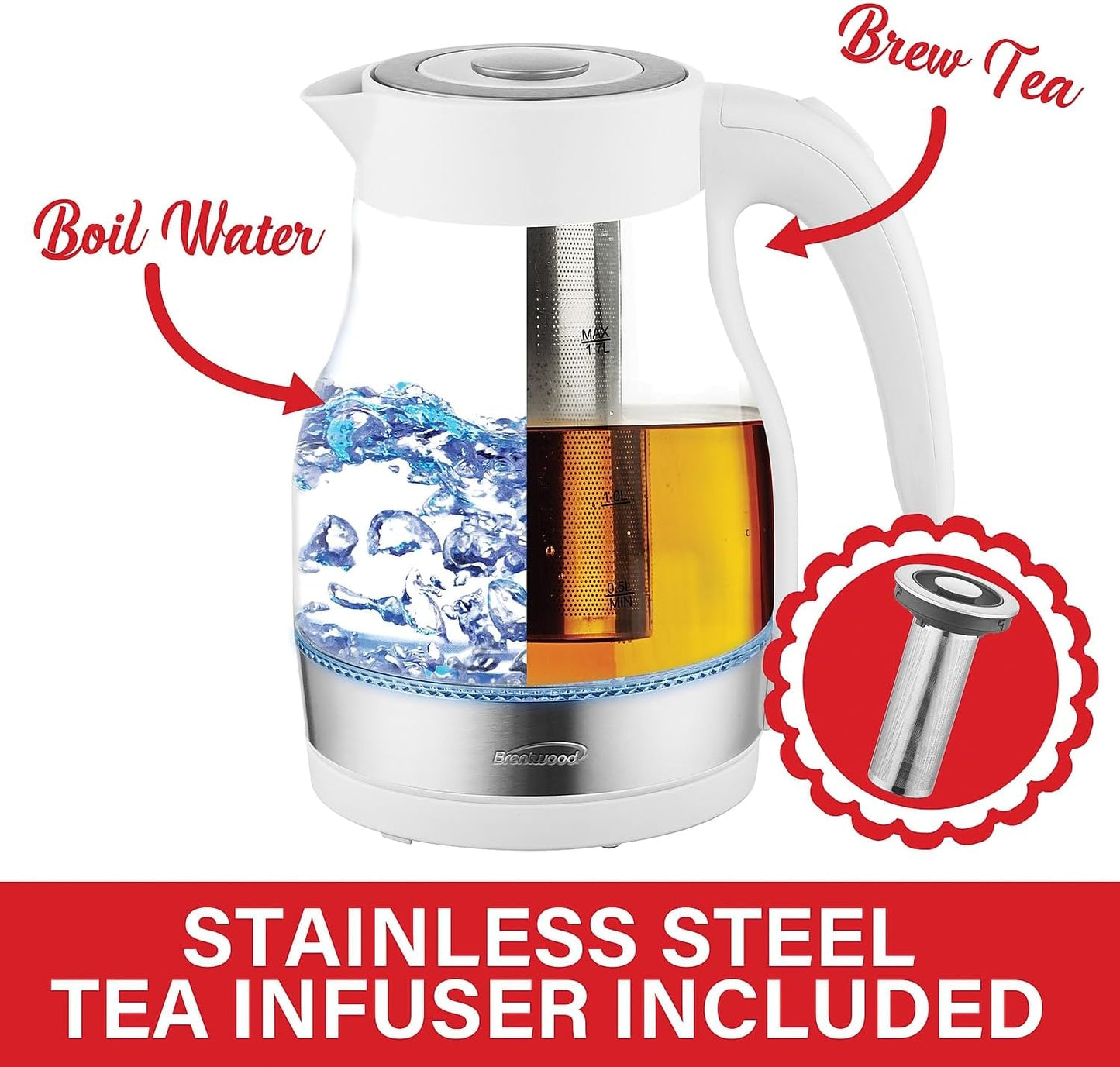 Brentwood Glass 1.7 Liter Electric Kettle with Tea Infuser in White