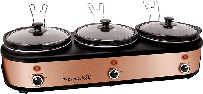 MegaChef Triple 2.5 Quart Slow Cooker and Buffet Server in Brushed Copper and Black Finish with 3 Ceramic Cooking Pots and Removable Lid Rests