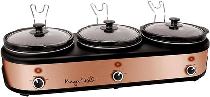 MegaChef Triple 2.5 Quart Slow Cooker and Buffet Server in Brushed Copper and Black Finish with 3 Ceramic Cooking Pots and Removable Lid Rests