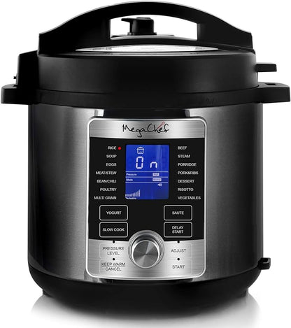 MegaChef 6 Quart Stainless Steel Electric Digital Pressure Cooker with Lid