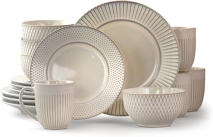 Elama Market Finds 16 Piece Round Stoneware Dinnerware Set in Embossed White