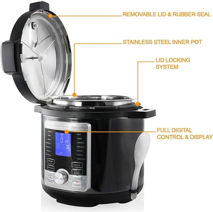 MegaChef 6 Quart Stainless Steel Electric Digital Pressure Cooker with Lid